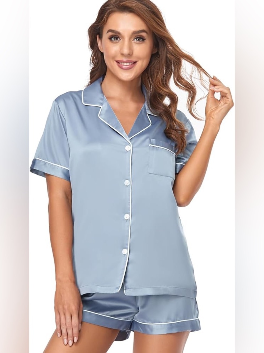 Dusty Blue Satin Short-Sleeve Pajama Set